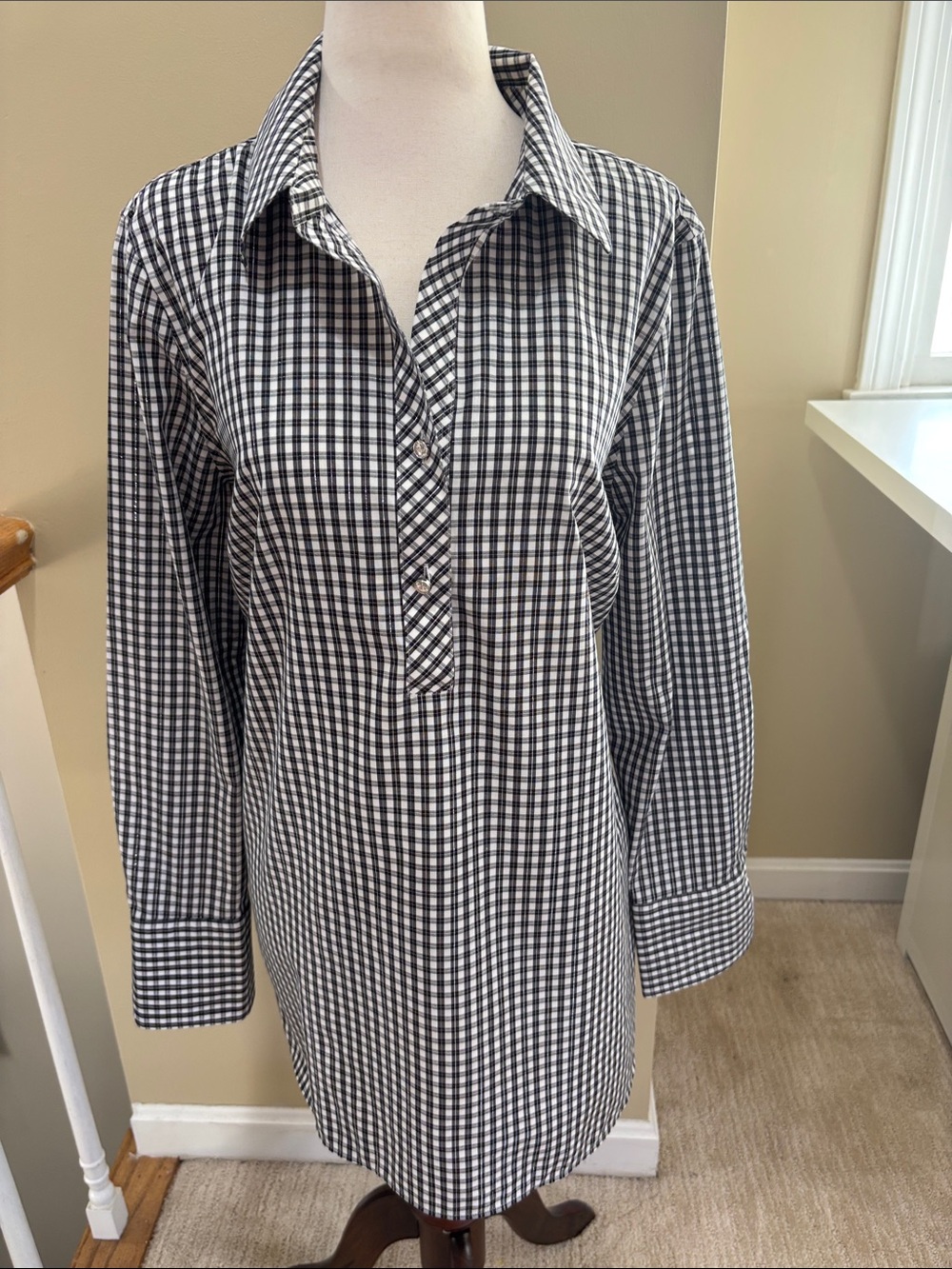 NWOT Talbots Black and White Gingham Metallic Thread Tunic Shirt Size 12